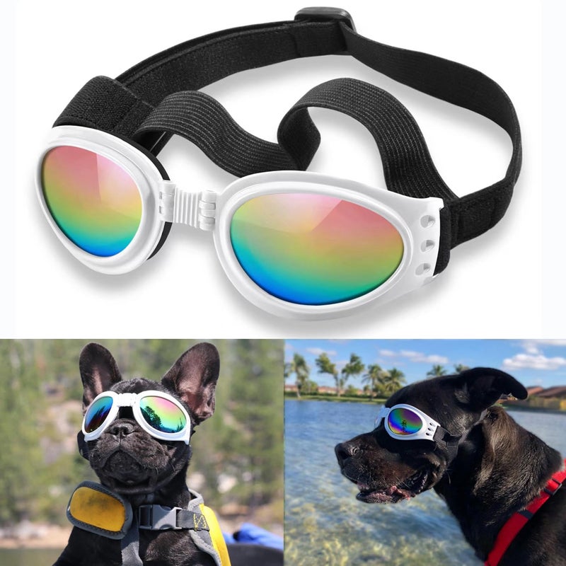 QUMY Dog Sunglasses Dog Goggles for Medium Large Breed Dogs, Wind Dust Fog Protection Eye Wear Pet Glasses with Adjustable Strap for Motorcycle Car Driving Bike Riding Hiking Swimming Over 15lbs White - Image 1